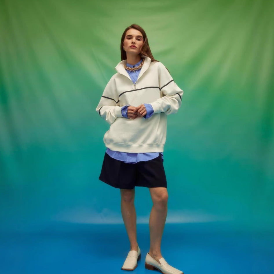 Damen Oversized Kapuzenpullover Streifenmuster Reißverschluss