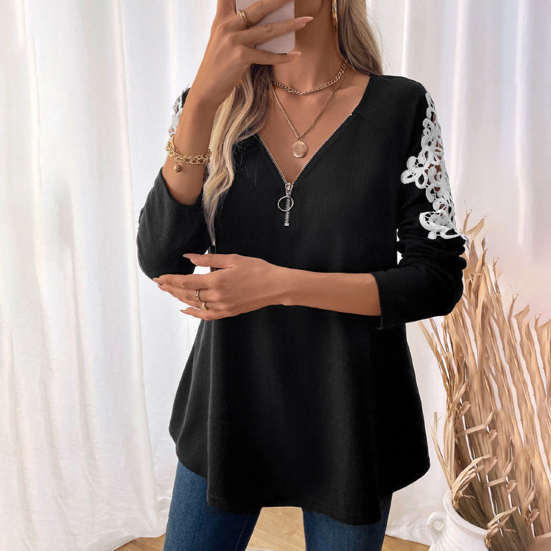 Damen Langarmshirt mit Reißverschluss und Spitze Norvielle - Norvielle