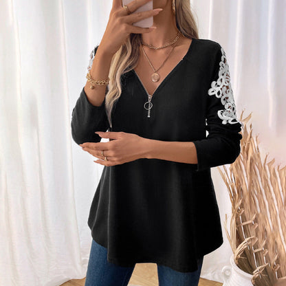 Damen Langarmshirt mit Reißverschluss und Spitze Norvielle - Norvielle