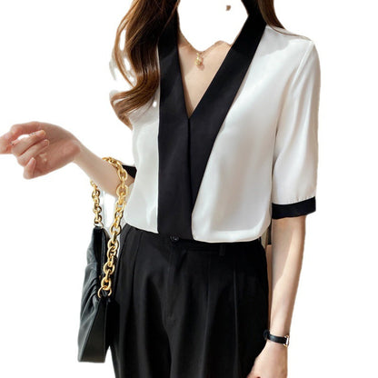 Damen Bluse V-Ausschnitt Elegantes Design Farbkontrast