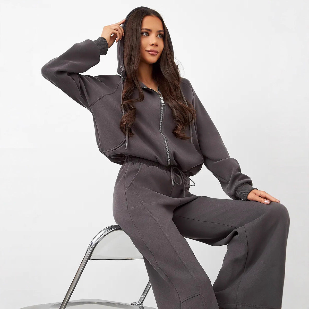 Damen Sweatanzug Kapuzenpullover Elastischer Bund Weite Passform