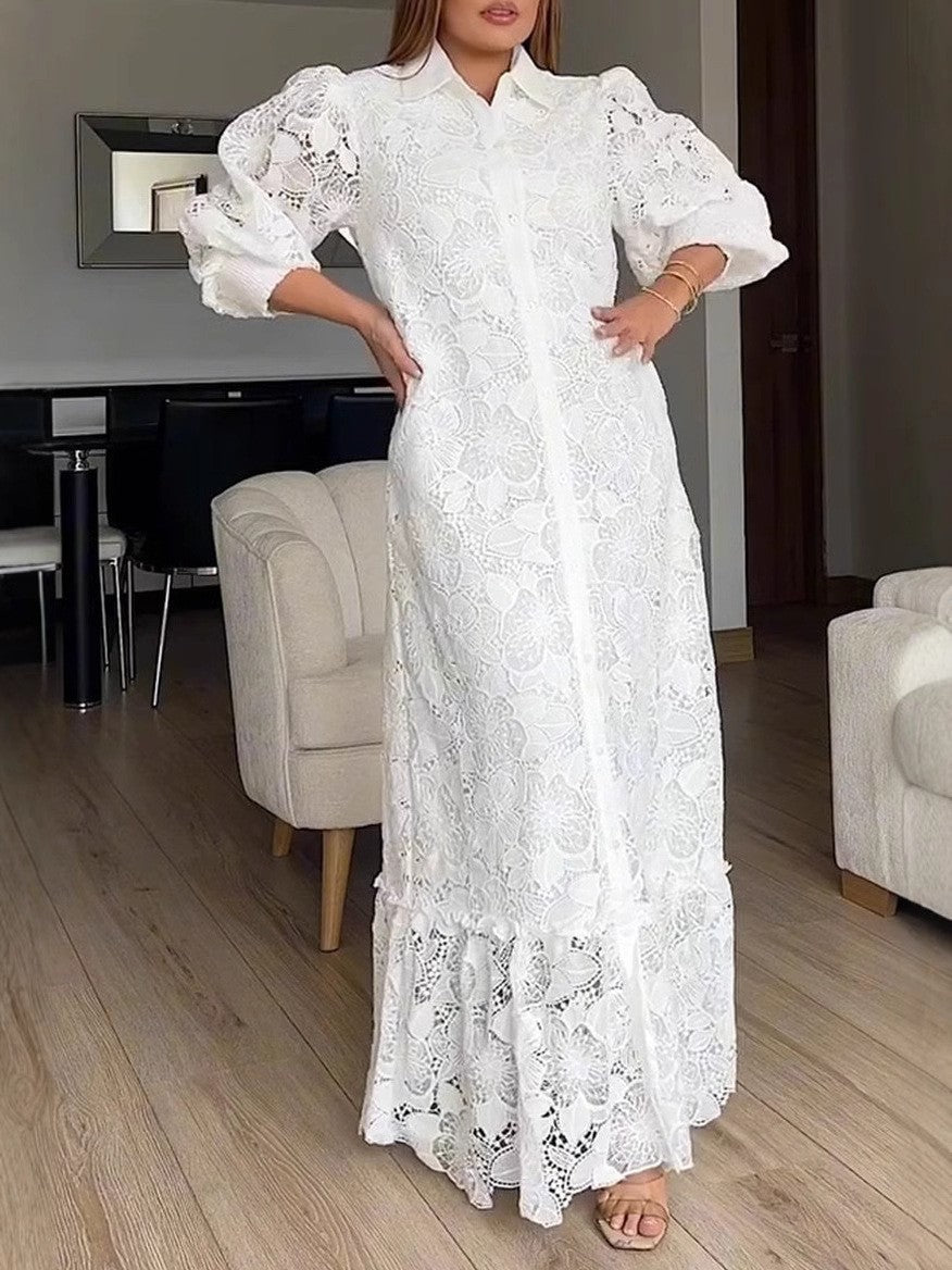Damen Spitzenmaxikleid mit Voluminösen Ärmeln Norvielle