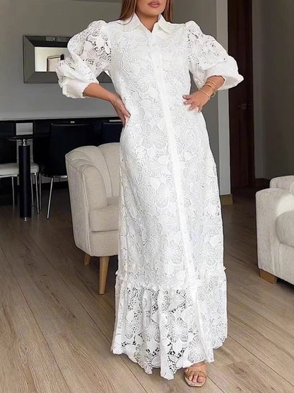 Damen Spitzenmaxikleid mit Voluminösen Ärmeln Norvielle