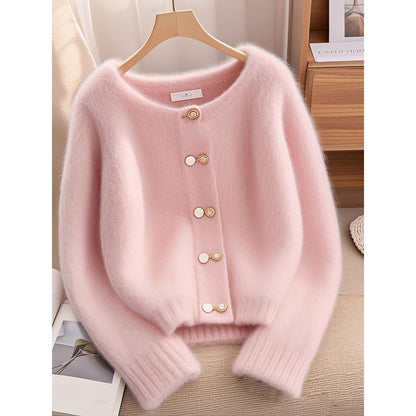 Damen Strickjacke Kuschelig Goldene Knöpfe Beige