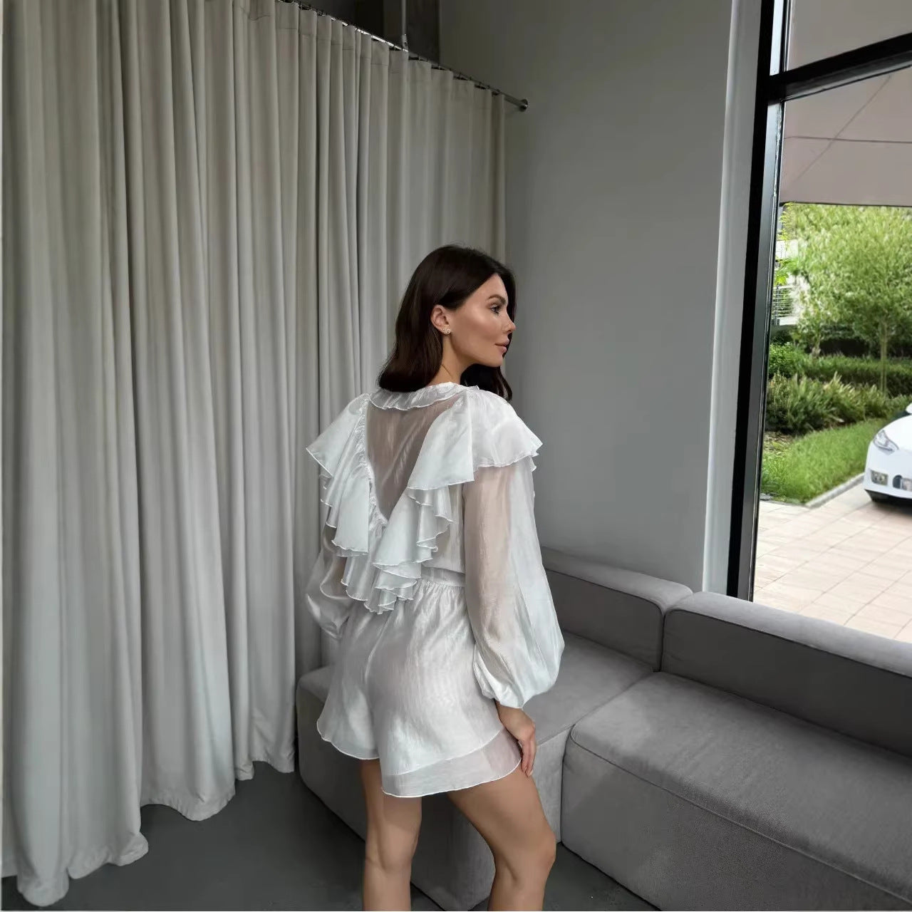 Damen Chiffon-Set mit Rüschendetails und Taillengürtel