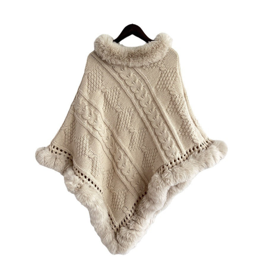 Damen Strickponcho Weiches Fell Norvielle Zopfmuster Beige