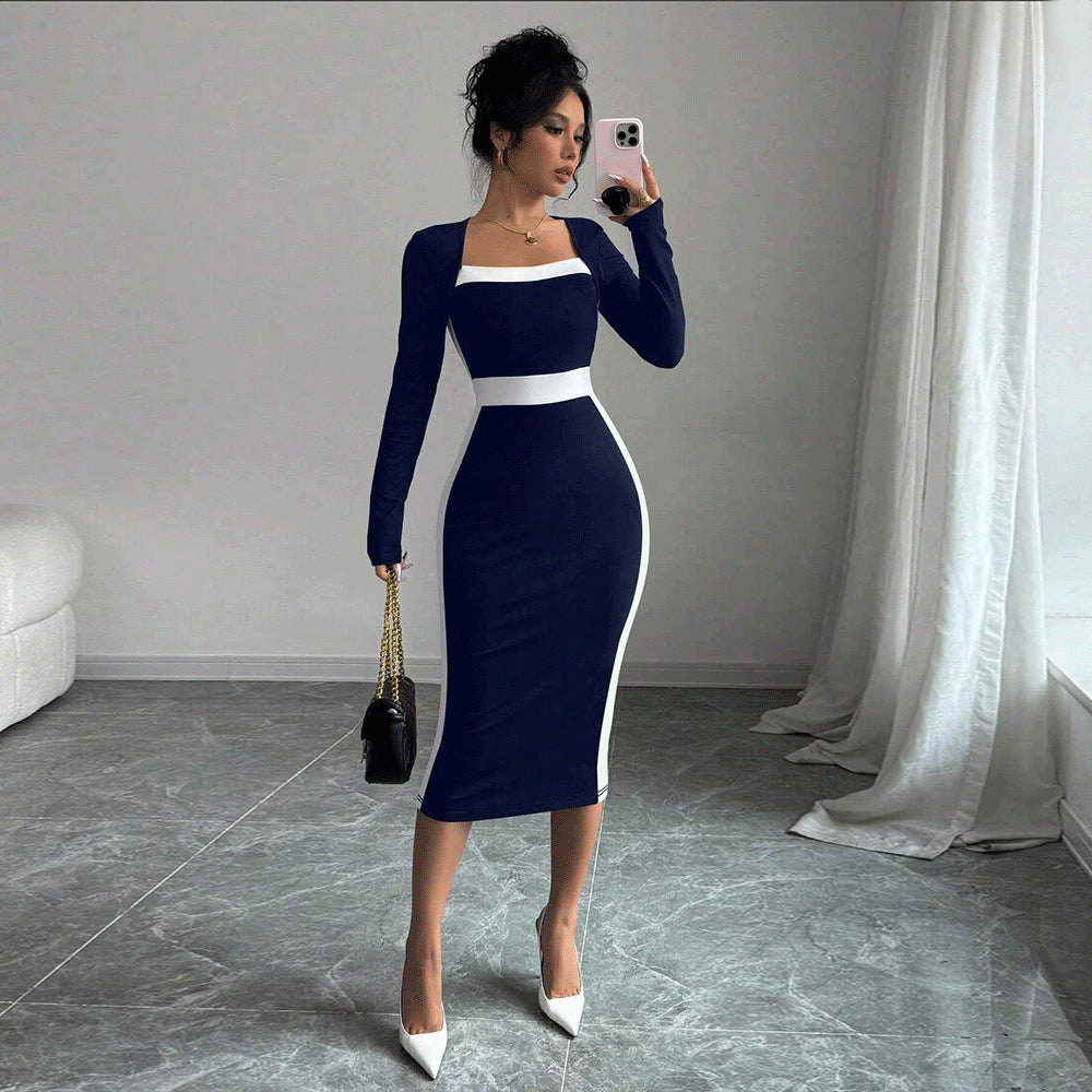 Damen Midi-Kleid Figurbetont Quadratischer Ausschnitt Kontrastakzente