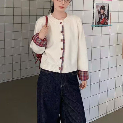 Damen Strickjacke Karomuster mit Knöpfen Norvielle