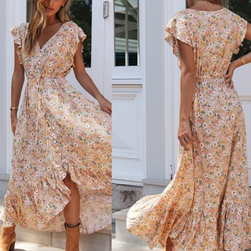 Damen Maxikleid Blumendruck Rüschendetails - Norvielle