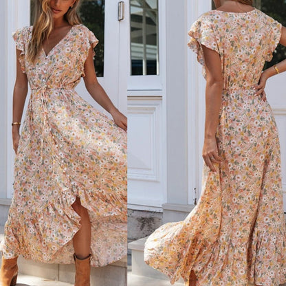 Damen Maxikleid Blumendruck Rüschendetails - Norvielle