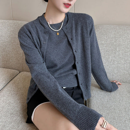 Damen Strickcardigan Fein Rundhals Knöpfe Beige - Norvielle