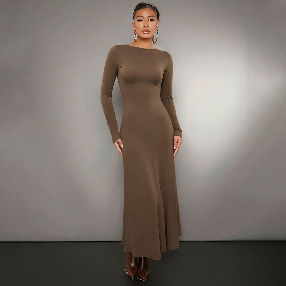 Damen Midikleid Langarm Rundhalsausschnitt Schwingender Saum Norvielle
