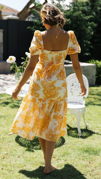 Damen Midi Kleid mit Wasserfall-Ausschnitt und Blumenmustern