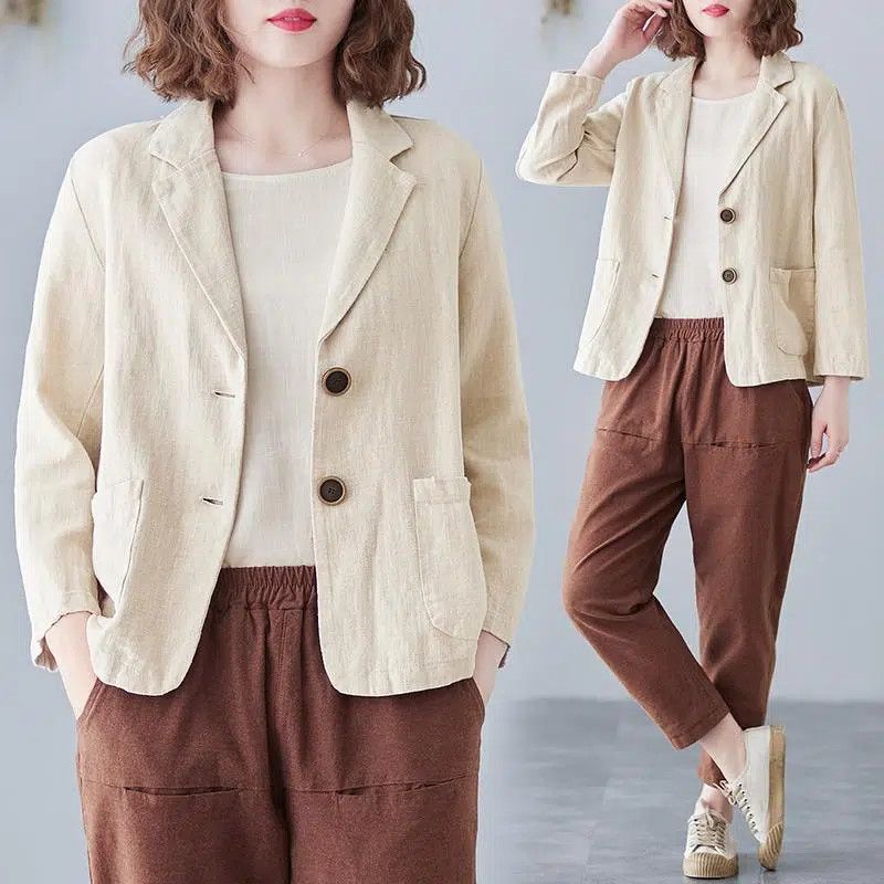 Damen Leinenblazer Lässig Kontrastknöpfe Beige