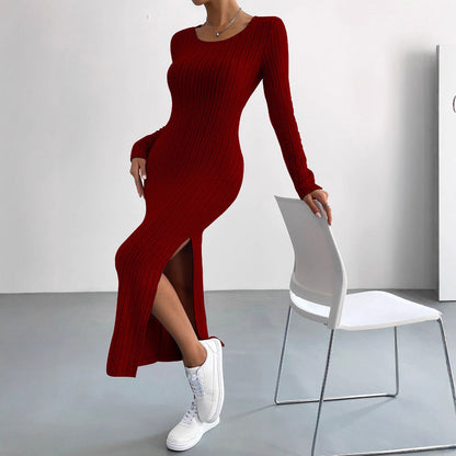 Damen Strickmaxikleid Langärmlig Mit Seitenschlitz Beige