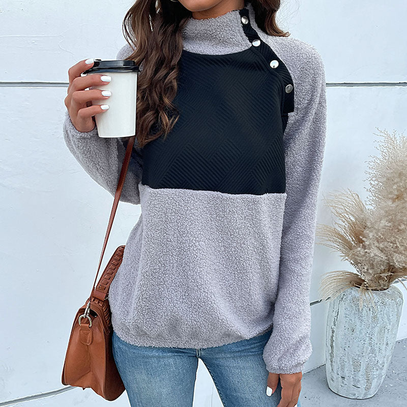 Damen Stehkragenpullover Strukturiertes Design Knopfdetail Norvielle