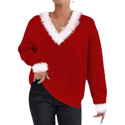 Damen Strickpullover V-Ausschnitt Kontrastpelzbesatz Norvielle