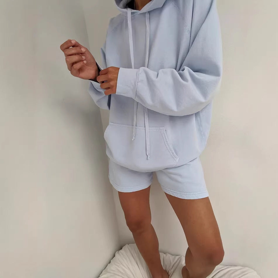 Damen Hoodie Shorts Set Baumwollmix Weich Beige