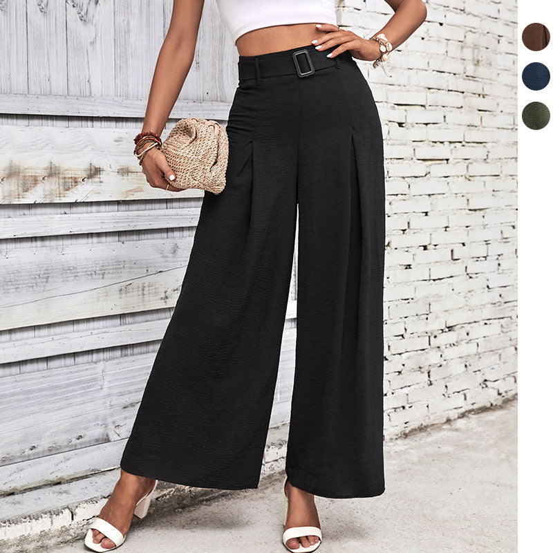 Damen Hochbundhose Weite Faltenhose mit Taillengürtel Schwarz - Norvielle