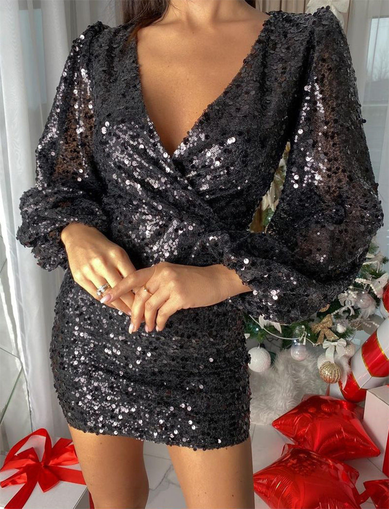 Damen Minikleid Glitzernd V-Ausschnitt Puffärmel Norvielle
