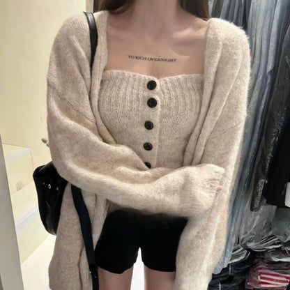 Damen Strickjacke Weit Knöpfe Beige