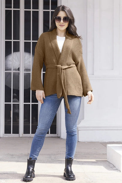 Damen Strickjacke Wickeldesign Baumwolle Beige