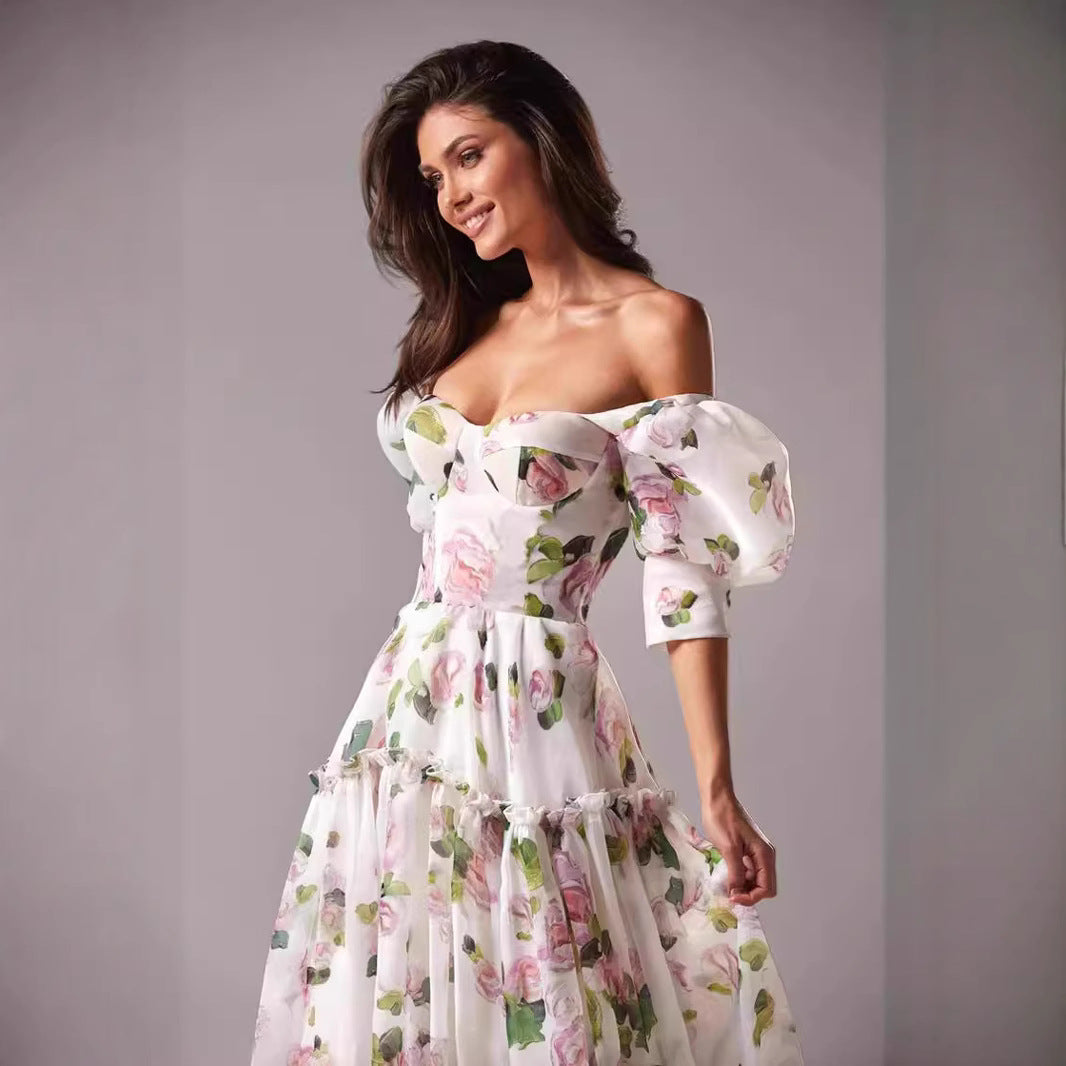 Damen Maxikleid Schulterfrei Rüschenärmel Floralmuster