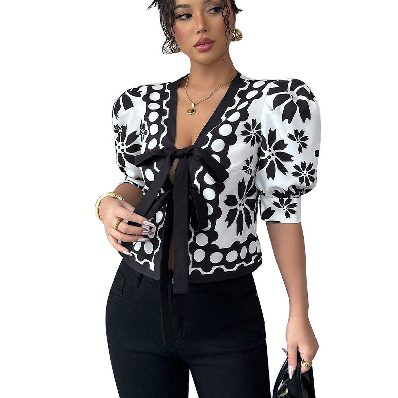 Damen Bluse Floralmuster Schleifenbindung Norvielle