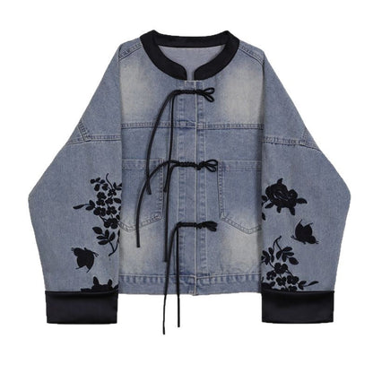Damen Denimjacke mit Stickereien Bündchen Blumenmuster