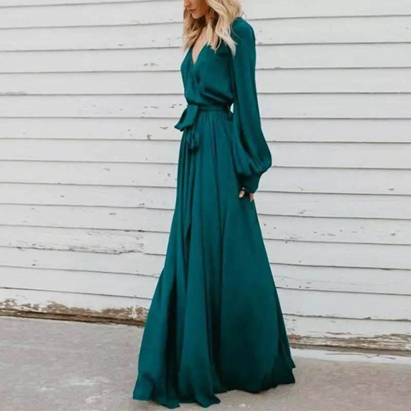 Damen Maxi-Kleid Fließender Stoff Tiefes Dekolleté