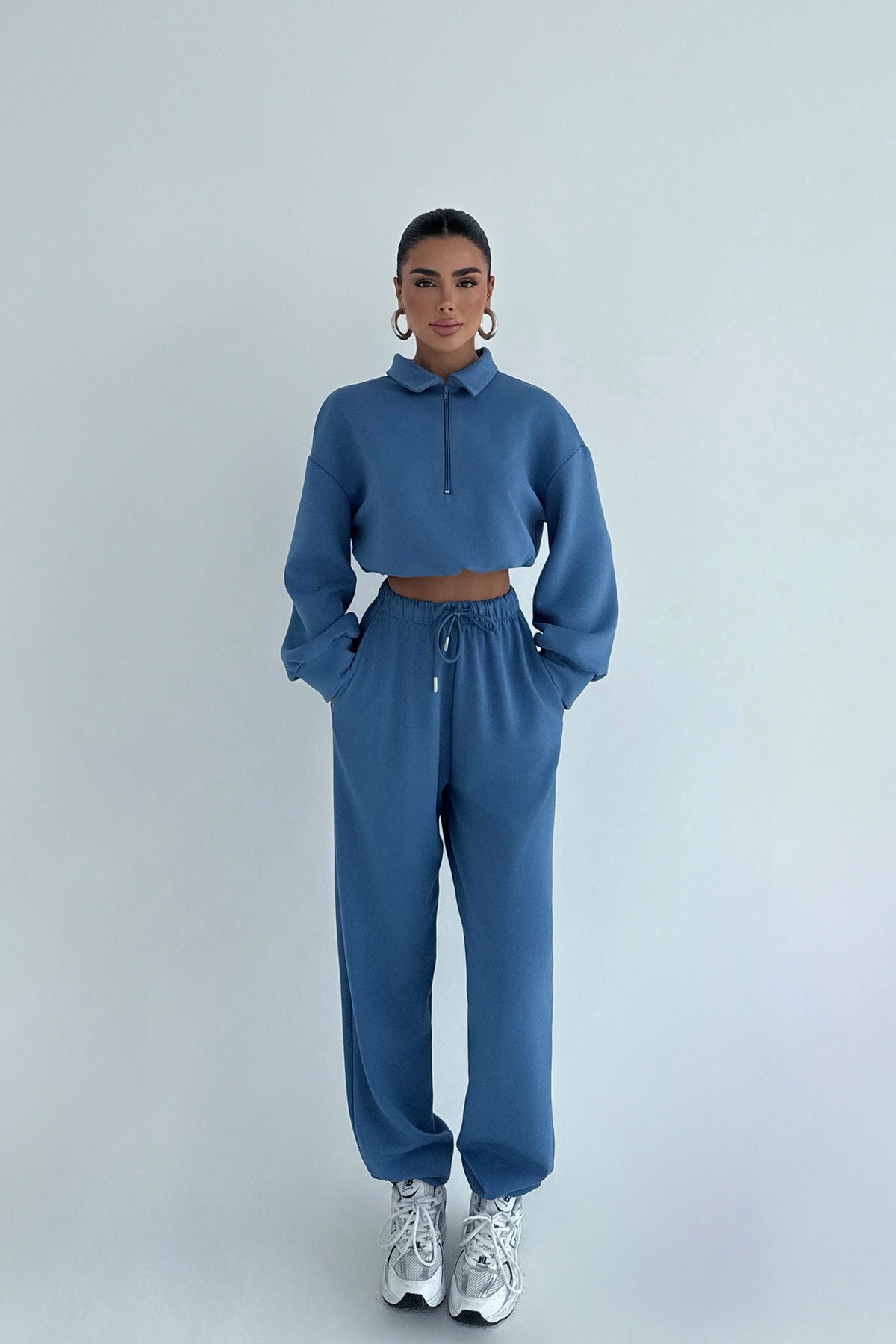Damen Cropped Sportanzug Hochsteckkragen Reißverschluss