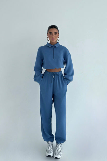 Damen Cropped Sportanzug Hochsteckkragen Reißverschluss