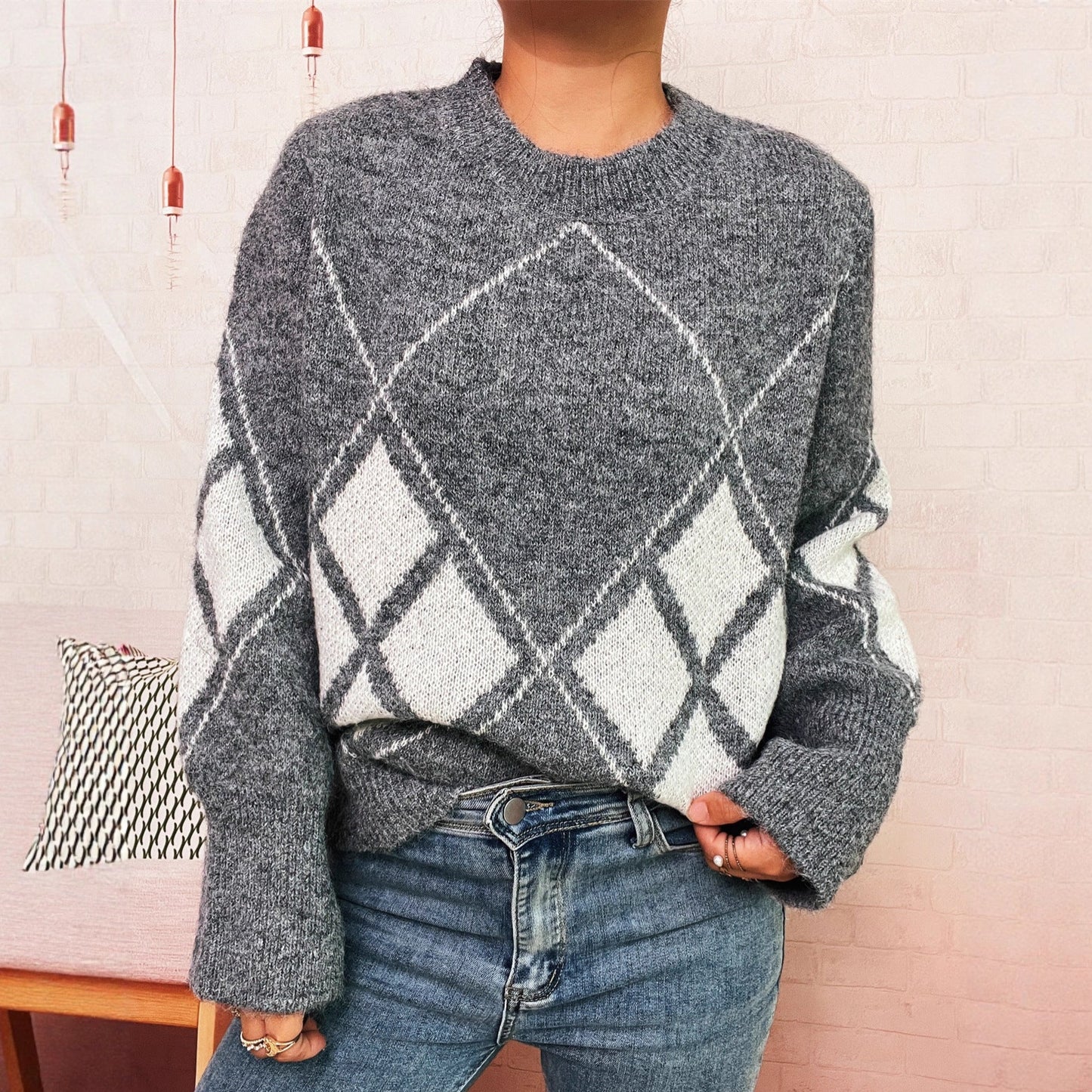 Damen Strickpullover Karomuster Norvielle