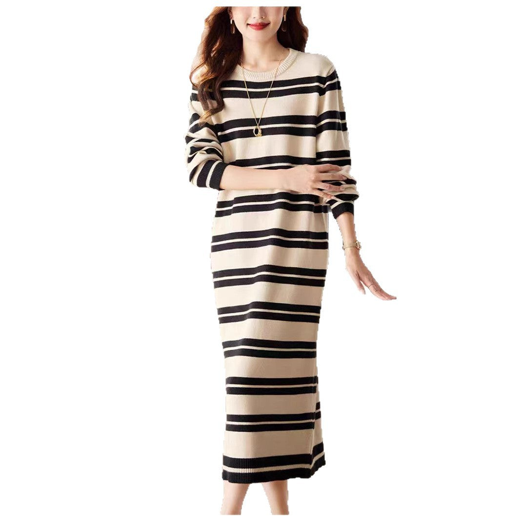 Damen Langarm-Strickkleid Streifenmuster Komfortschnitt