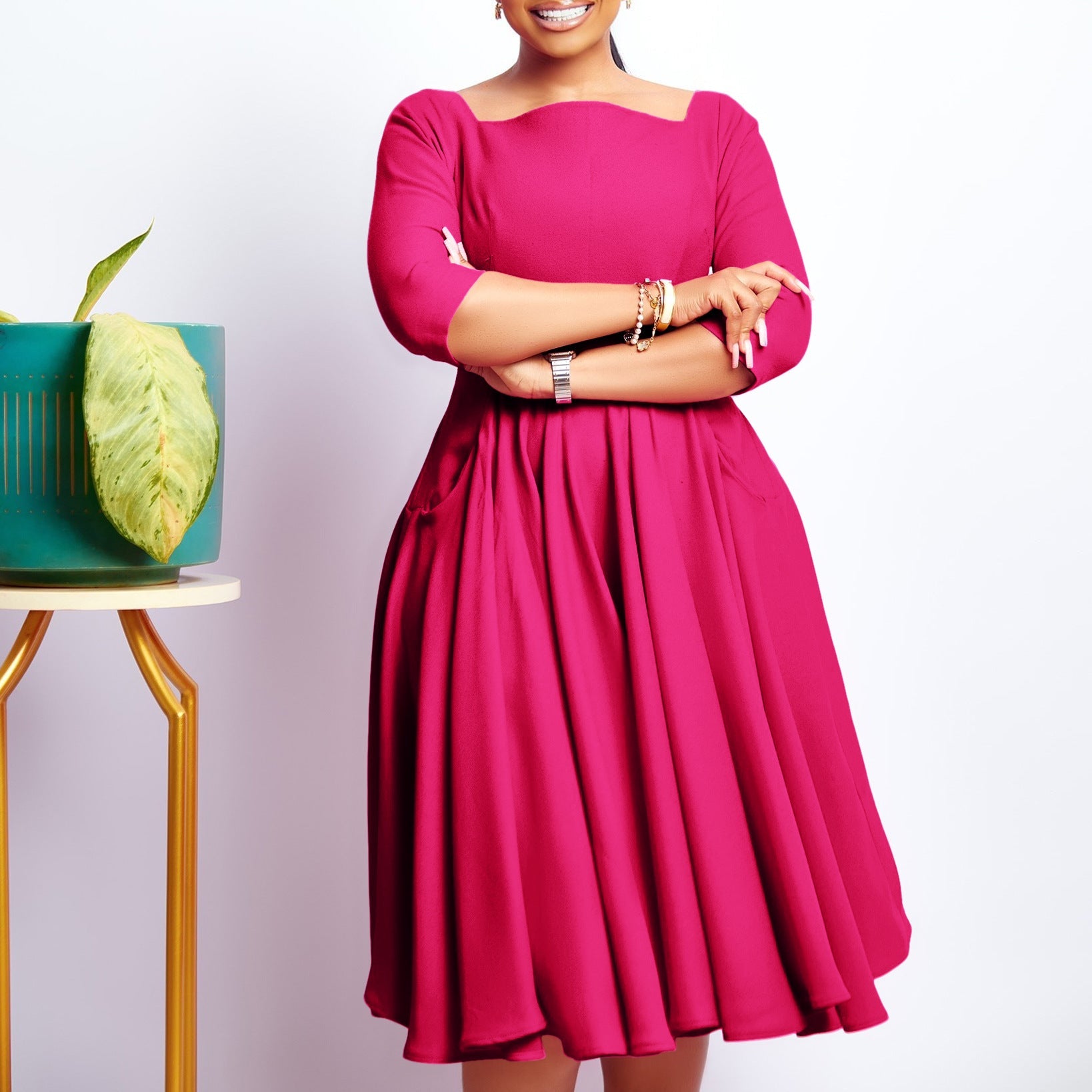 Damen A-Linien Kleid mit V-Ausschnitt und Taschen Norvielle - Norvielle