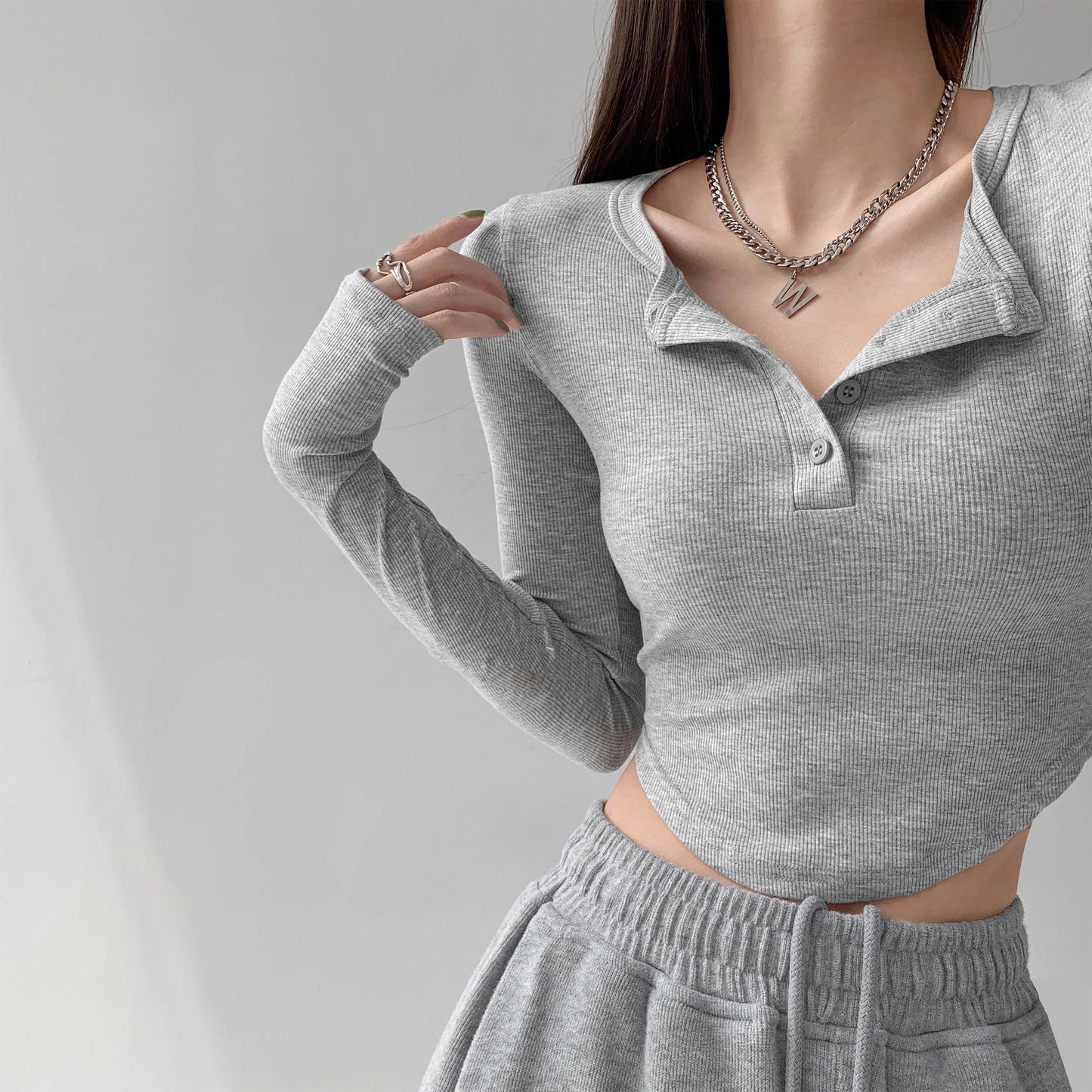 Damen Langarmshirt Dekorativer Knopf Lässiger Schnitt - Norvielle