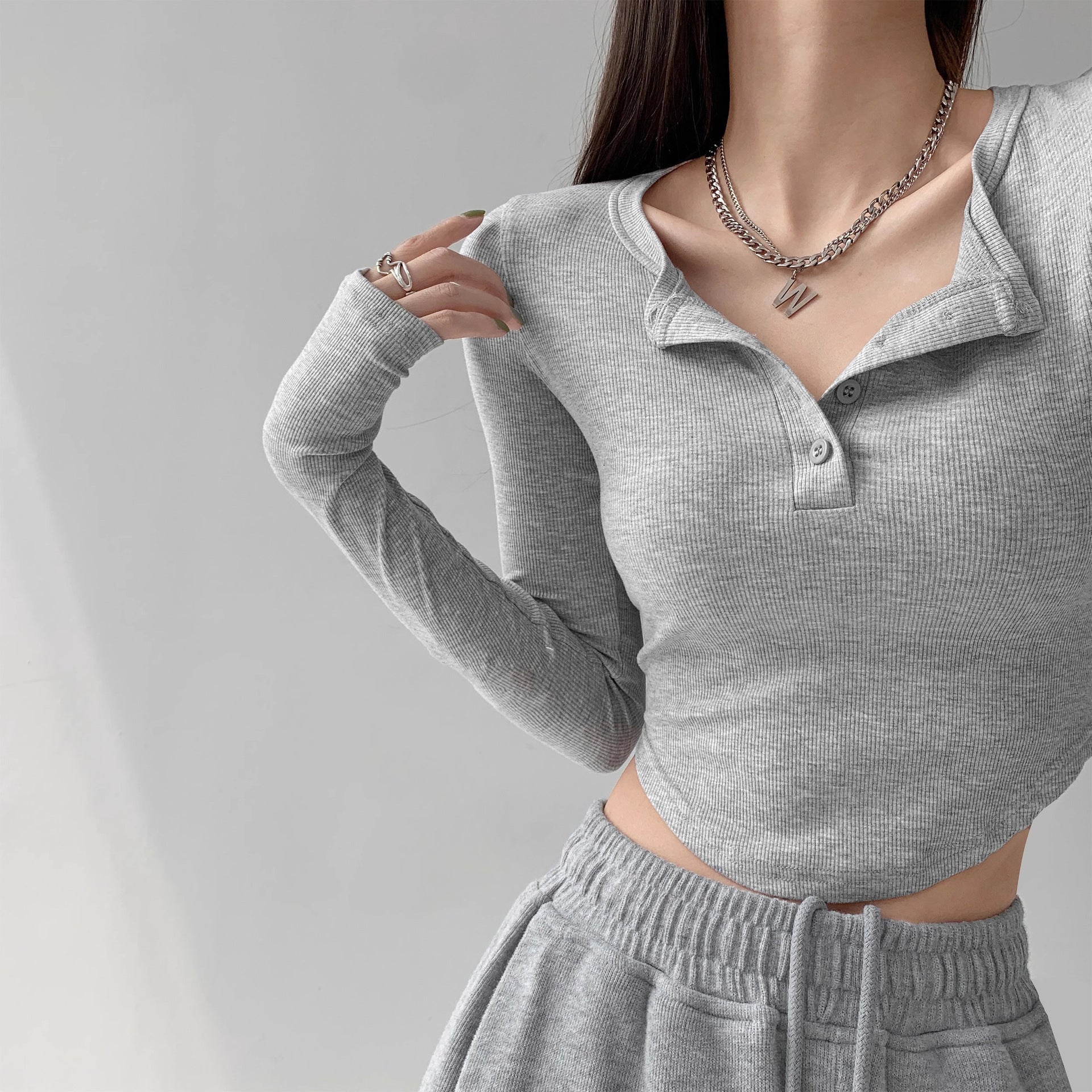 Damen Langarmshirt Dekorativer Knopf Lässiger Schnitt - Norvielle