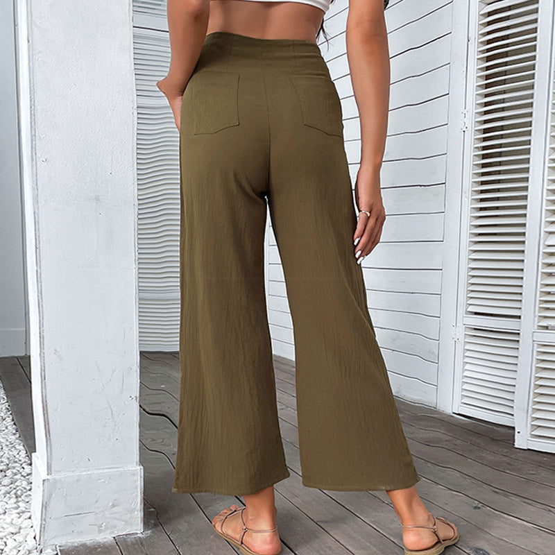 Damen Hochwaisted Hosen Knopfdetail Faltenwurf