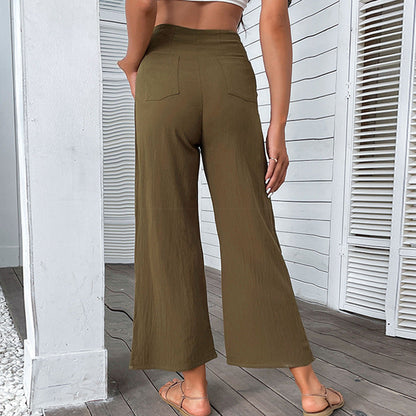 Damen Hochwaisted Hosen Knopfdetail Faltenwurf