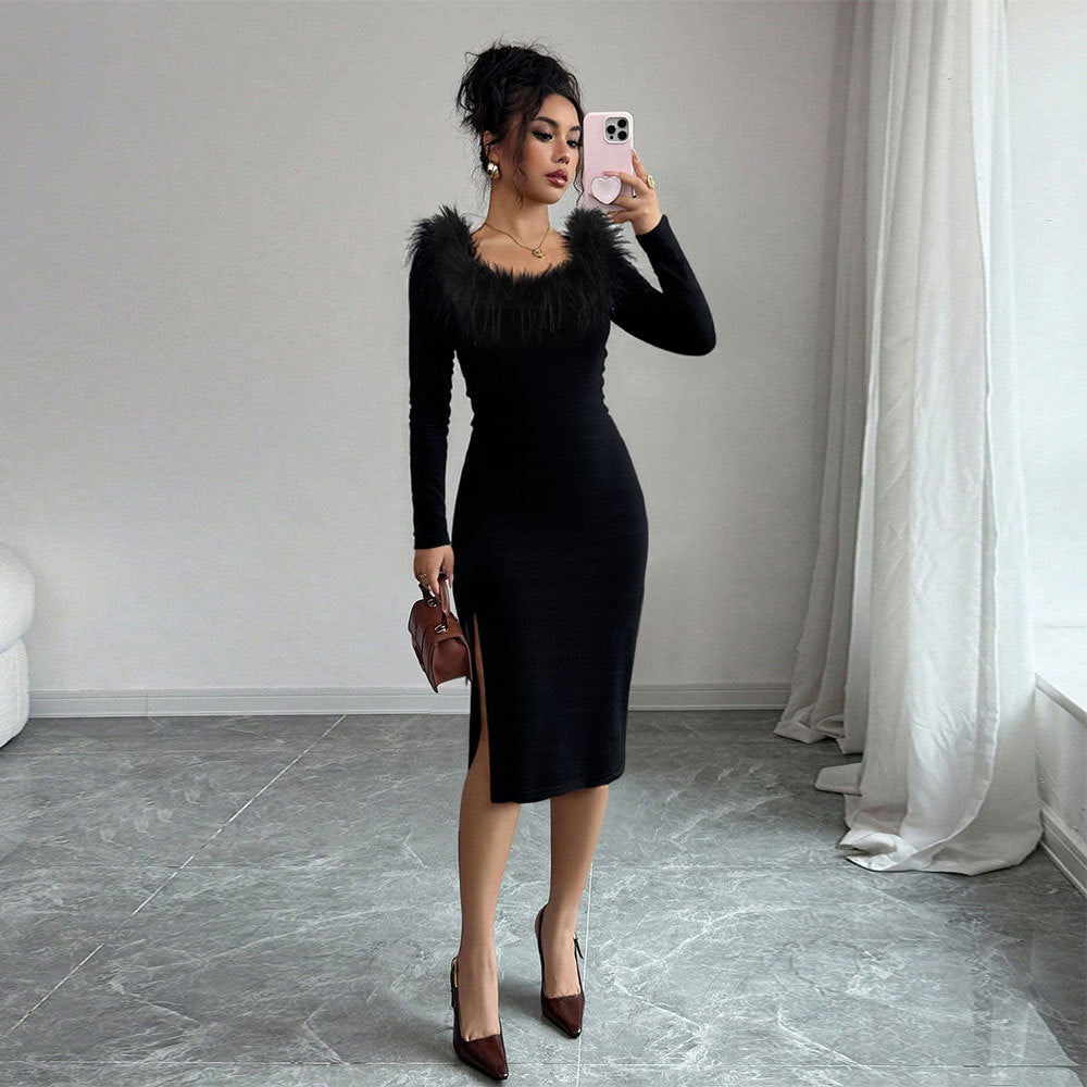 Damen Midi-Kleid mit Federverzierung und seitlichem Schlitz - Norvielle