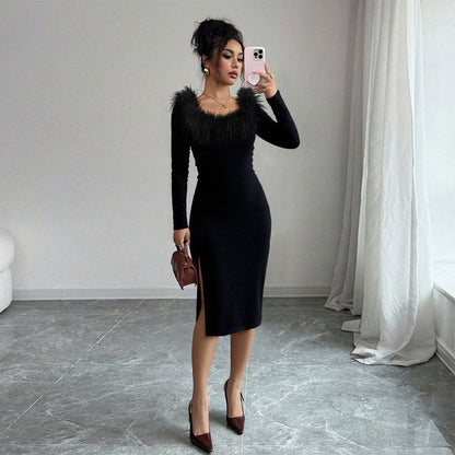 Damen Midi-Kleid mit Federverzierung und seitlichem Schlitz - Norvielle