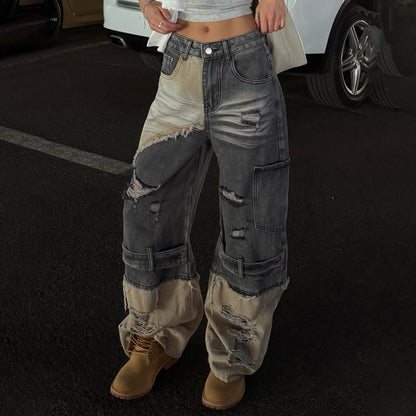 Damen Cargo-Jeans Ausgefranstes Design Tiefes Bein Norvielle