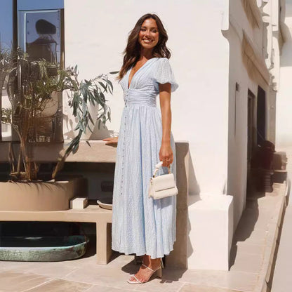 Damen Maxi-Kleid V-Ausschnitt Rüschen Design