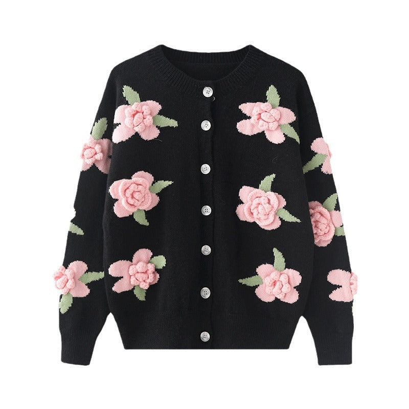 Damen Strickjacke Blumenmuster Knopfverschluss Norvielle