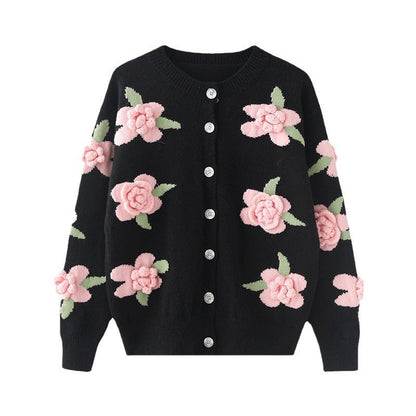 Damen Strickjacke Blumenmuster Knopfverschluss Norvielle