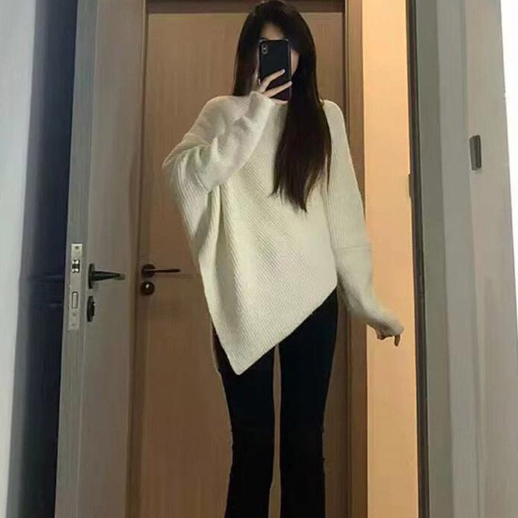 Damen Strickpullover Oversized Asymmetrisch Rippstruktur Beige