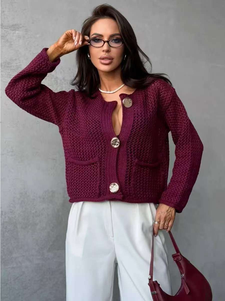 Damen Strickjacke Netzstruktur Große Knöpfe Norvielle