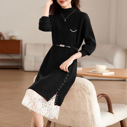 Damen Strickkleid mit Perlen und Gürtel