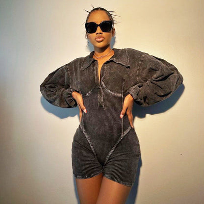 Damen Jumpsuit Puffärmel Rippstruktur Norvielle