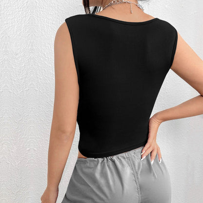Damen Cropped Tanktop Raffiniert Rundhals Quadratisch Weiß